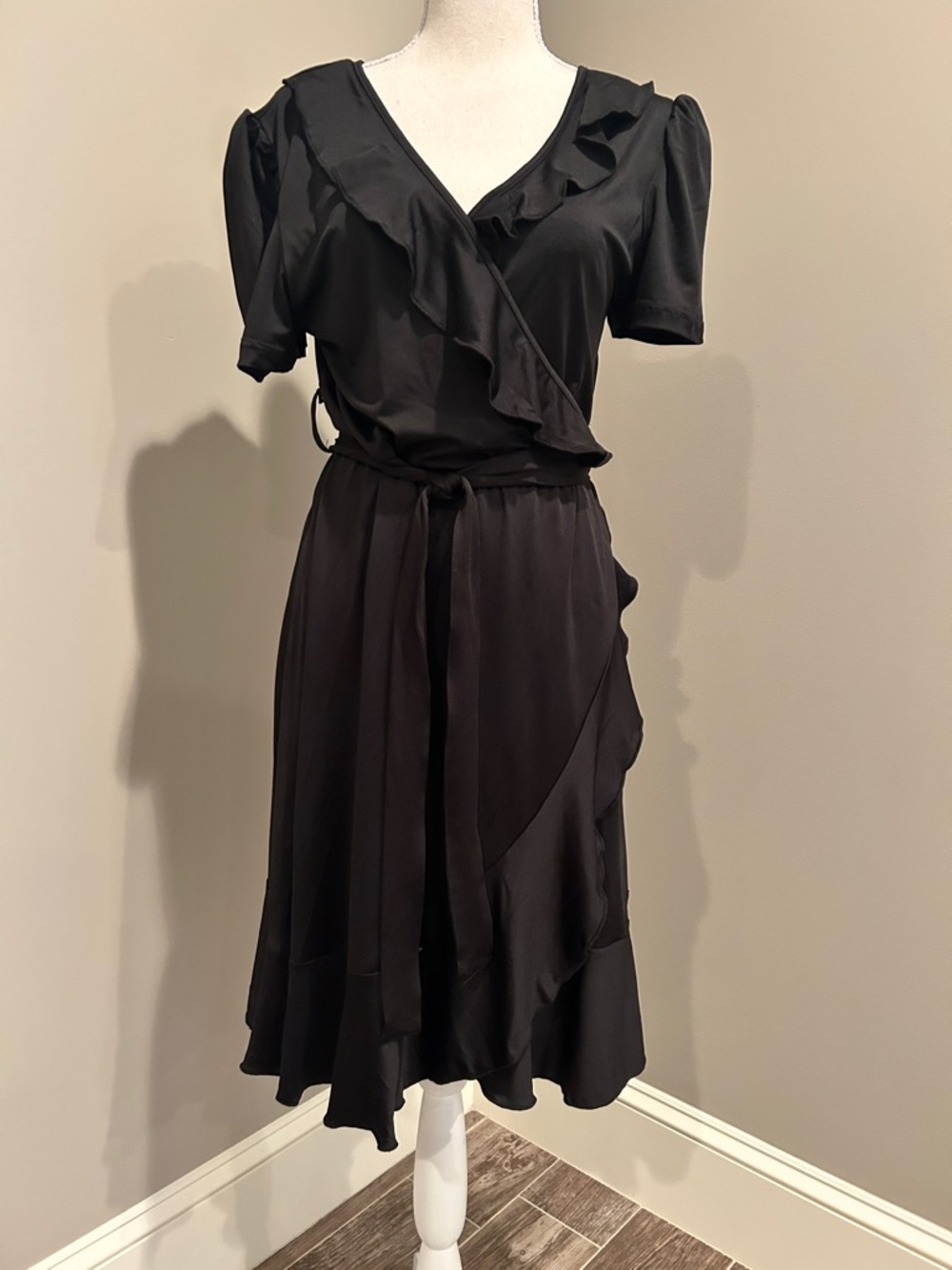 Black Ruffle Wrap Midi Dress with Tie Waist